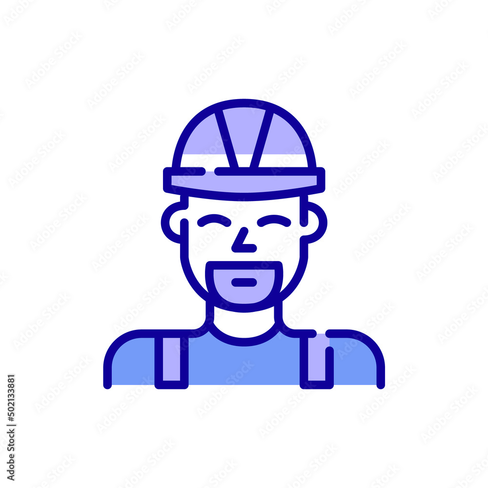 Smiling bearded construction worker in a hard hat. Pixel perfect, editable stroke color icon