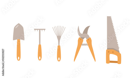 A set of tools for the garden. Vector illustration of a shovel, hoe, rake, hand saw and pruner.