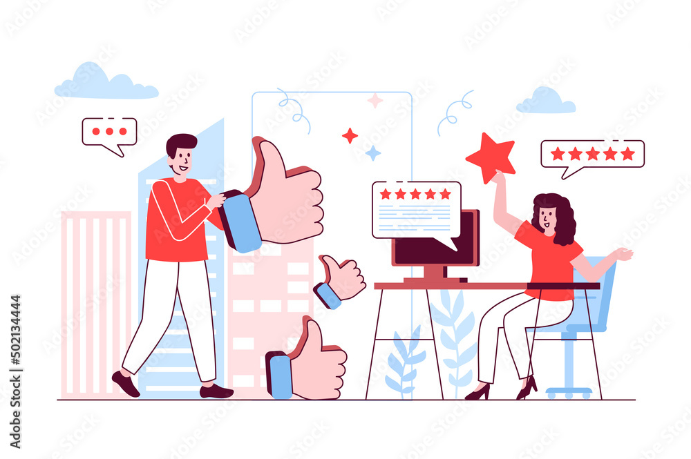 Best feedback concept in flat line design. Man and woman giving consumer feedbacks, living customer reviews at websites, satisfaction level. Vector illustration with outline people scene for web