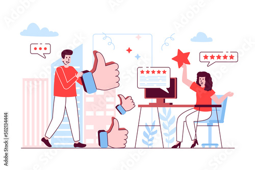 Best feedback concept in flat line design. Man and woman giving consumer feedbacks, living customer reviews at websites, satisfaction level. Vector illustration with outline people scene for web