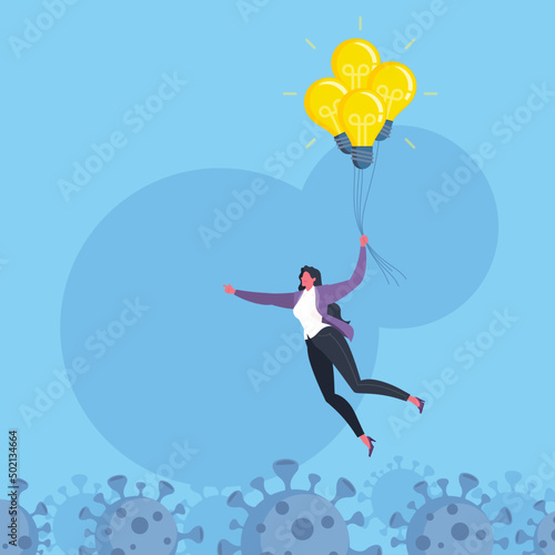 Post COVID-19 business opportunity, crisis response strategy or crisis management concept. Businesswoman think outside the box and holds flying light bulbs to get away from Coronavirus in blue scene.
