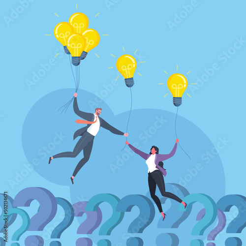 Problems solving, solution offering, sharing creativity idea or mentoring concept. Businessman holds flying light bulbs and giving a light bulb idea to another member in blue background.