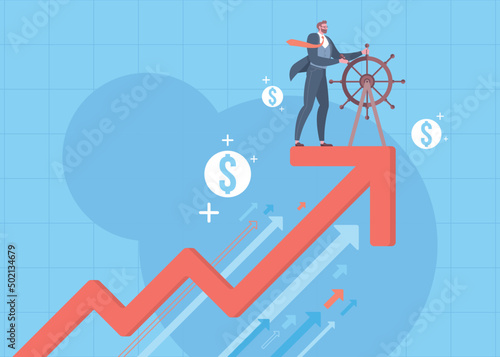 Business growth, business recovery, leading to success or crisis response to emerge stronger from disruption concept. Businessman is controlling the rising arrow graph in blue background.