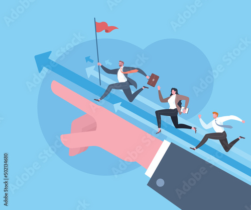 Leadership, leading to success, business mission and goals, teamwork to target achievement concept. Businessman with the flag is leading his team keep running forward on giant hand in blue scene.