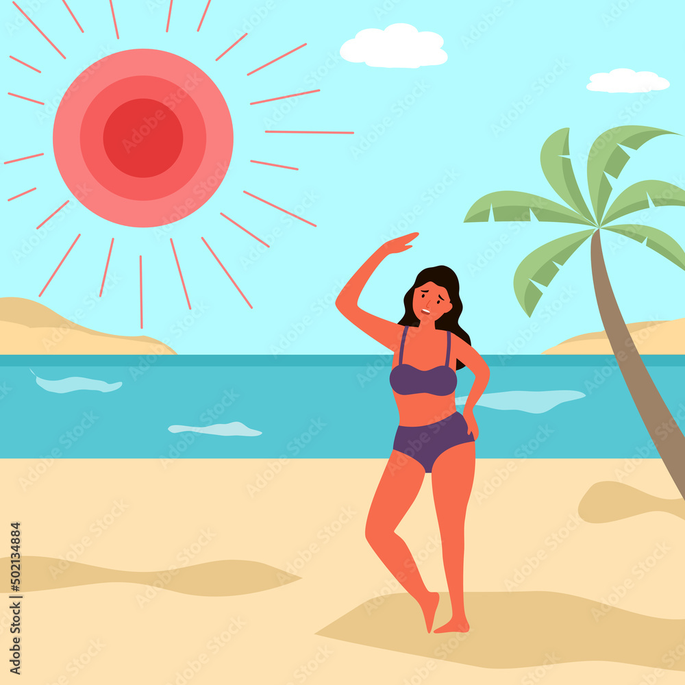 Woman got sunburn dehydration from strong sunlight at the beach. Hot climate in summer. Woman got sunburn dehydration from strong sunlight at the beach. Hot climate in summer.