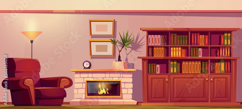 Luxury old living room or library interior with wooden bookcase, fireplace, leather armchair and pictures hang on wall. Place for relaxation, reading and recreation, Cartoon vector illustration