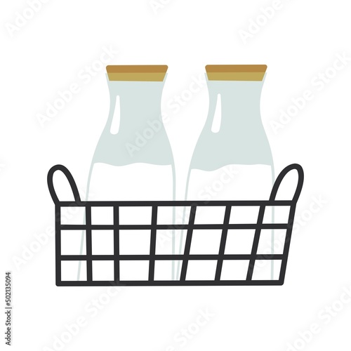 Metal basket with two bottles of milk. Household. Fresh dairy products. Decor element for coffee shop, bakery and restaurant. Furnishings for a city cafe. Flat style in vector illustration. Isolated.