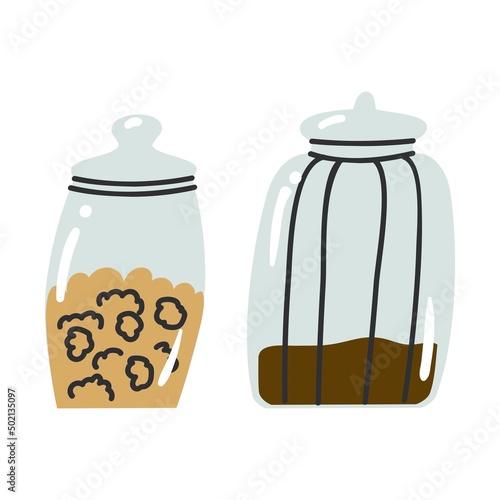 Two glass decorative jars for products. Nuts, sofa, tea, cereals. Furnishings for a city cafe. Flat style in vector illustration. Isolated element.