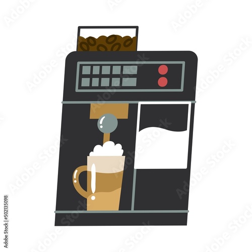 Coffee machine with a glass of latte. Milk, coffee beans. Equipment for coffee lover and coffee house. Furnishings for a city cafe. Flat style in vector illustration. Isolated element.