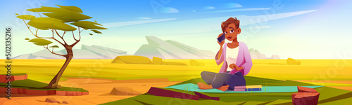Woman with smartphone sitting on mat with books at green lawn of savanna scenery landscape with trees, rocks and grass. Cartoon female character enjoying escape, outdoor recreation Vector illustration