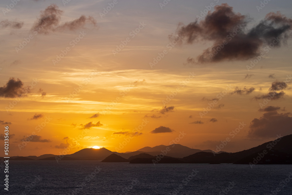 Beautiful landscape view of the sunset in the U.S. Virgin Islands National Park on the island of Saint John.