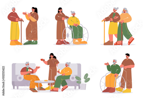 Old people and care workers in nursing home. Vector cartoon illustration of nurse help elder person in wheelchair, talk with senior adult man with walking cane
