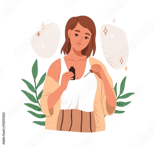 Woman applying moisturizing serum with dropper. Organic vegan face skincare essence. Girl treating with facial skin care beauty product. Flat graphic vector illustration isolated on white background