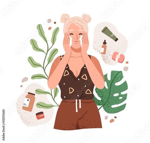 Woman washing face with cleansing foam. Girl applying facial skincare cosmetic product. Natural eco skin care essential. Beauty routine. Flat graphic vector illustration isolated on white background