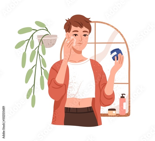 Woman applying moisturizing cream on face skin. Organic vegan facial skincare essence. Girl caring with moisturizer beauty product. Flat graphic vector illustration isolated on white background