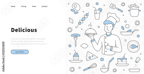 Restaurant banner with doodle food and man in chef hat with dish. Vector landing page of delicious culinary with hand drawn icons of pizza, cake, drink, fish and fried egg