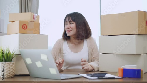 Happy female online selling at home, Startup project or small business enterprise.