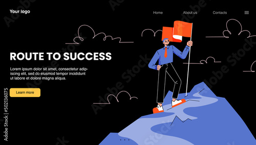 Route to success banner with man on top of mountain with red flag. Vector landing page of career development, business growth with flat illustration of businessman climb on rock peak