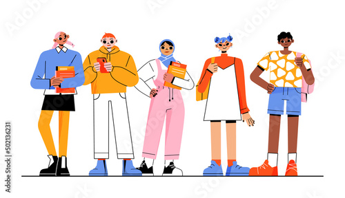 Group of students, multicultural young girls and boys with backpacks holding books and smartphones stand in row. Happy diverse teenagers characters in casual clothes. Linear flat vector illustration