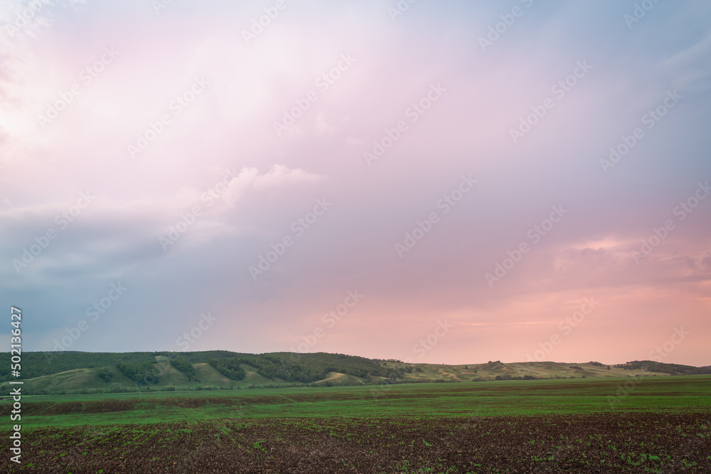 Sunset on a field with greenery and black earth. Hills and pink skies are visible.