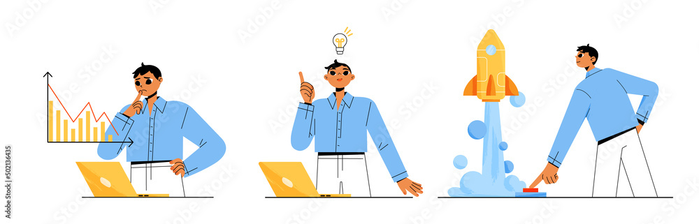 Startup project development and boost, successful business start up launch. man push start button and rocket fly up. Manager analysing company statistics on laptop, Line art flat vector illustration