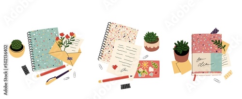 Set with Decorative compositions with stationery. keeping a diary, writing letters, daily pleasures. Cute house  plants. Objects on the table. Top view. Flat style in vector illustration.
