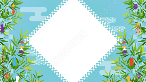 七夕飾りのついた笹の和風フレーム素材（横向き／アスペクト比16:9）