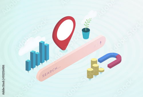 Local Search Optimization isometric concept. SEO Marketing Strategy for better finding local business. Search bar, rating, chart, backlinks, meta tags and local pin icons. Modern vector illustration