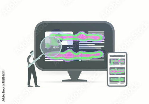 Website heat map seo analytics tools concept. Analysis mouse and eye tracking heatmap of client behavior on the site opened on desktop and mobile devices. Isolated on white background