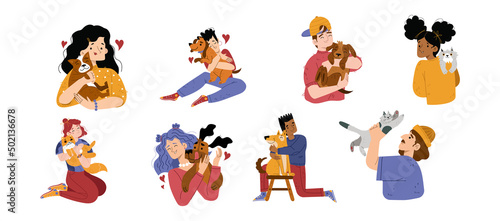 Pet owners hug dogs and cats. Vector flat illustration of happy women and man characters embrace with domestic animals isolated on white background. People hold pets with love