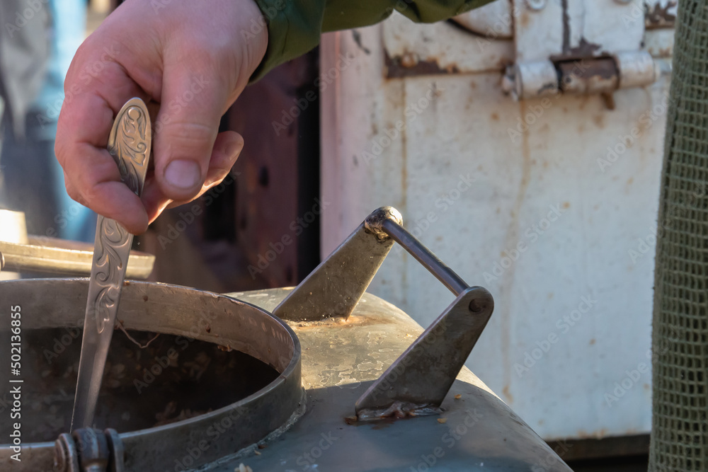 Cauldron with soldier food, cooking. Field kitchen. Cauldron with soldier food, cooking. Field kitchen.