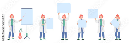 Woman doctor make presentation and hold blank banners. Vector flat illustration of girl medical specialist, hospital, health clinic worker with blue empty posters isolated on white background