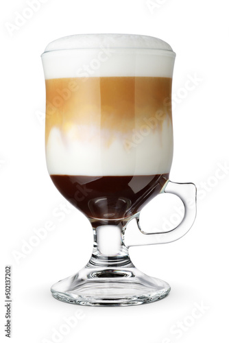 Glass of layered coffee mocaccino isolated on white. photo
