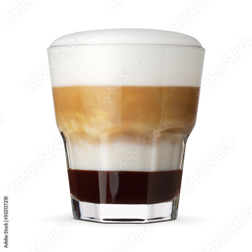 Glass of layered coffee mocha isolated on white. photo