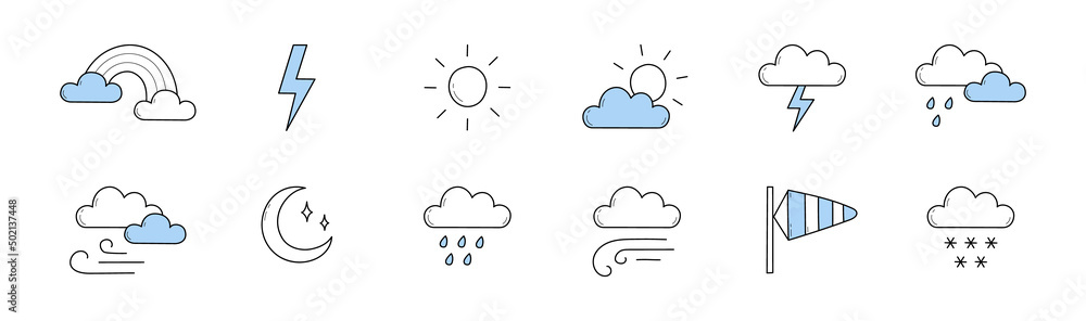 Set of weather forecast doodle icons, isolated vector linear rainbow, cloud and lightning, sun, moon, windsock, rain and snow. Climate design elements, meteorology, nature line art symbols collection - obrazy, fototapety, plakaty 