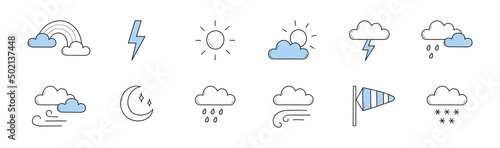 Fotografia Set of weather forecast doodle icons, isolated vector linear rainbow, cloud and lightning, sun, moon, windsock, rain and snow