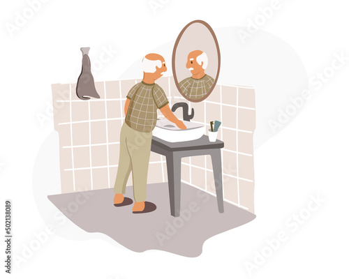 An elderly man or a gray-haired grandfather in pajamas stands in front of a mirror in the bathroom and does his morning routine, hygiene procedures. Vector illustration
