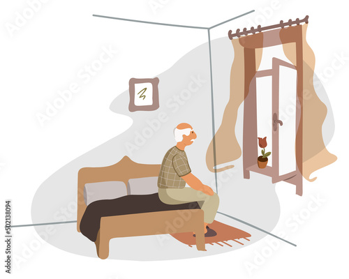 In the morning, a gray-haired grandfather woke up in pajamas and sits on the bed, looks out the open window. Vector illustration