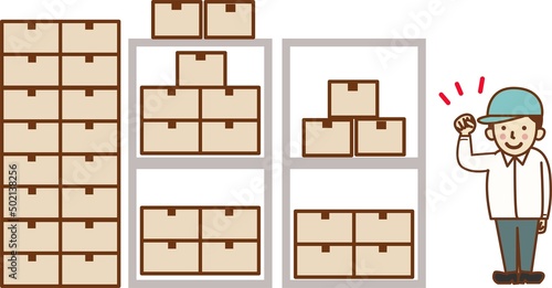 倉庫でガッツポーズをする作業員の男性。