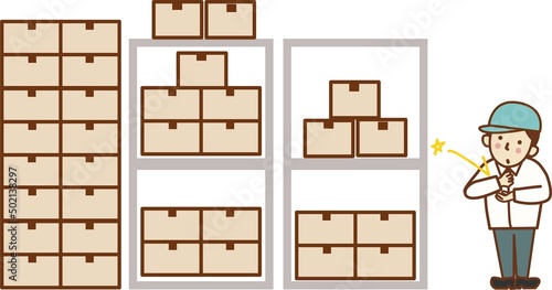 倉庫で、ひらめいて手を叩く作業員の男性。