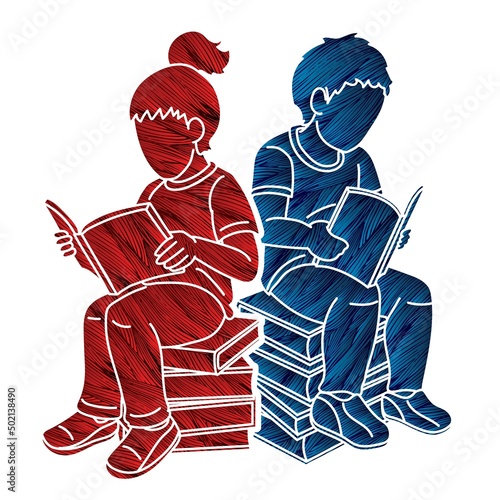 Group of Children Reading Books Together Cartoon Graphic Vector