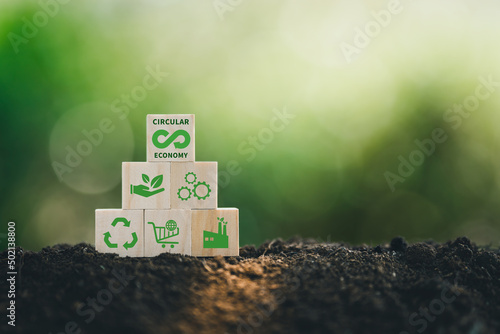 Circular economy concept on a wood block, recycle, environment, reuse, manufacturing, waste, consumer, resource for Sustainable development. photo