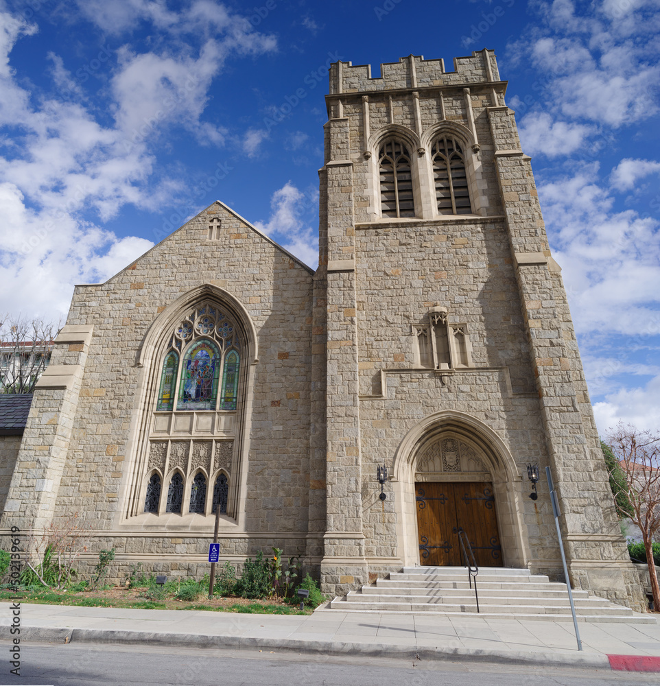 This image shows the facade of the All Saints Episcopal Church in Pasadena, California.