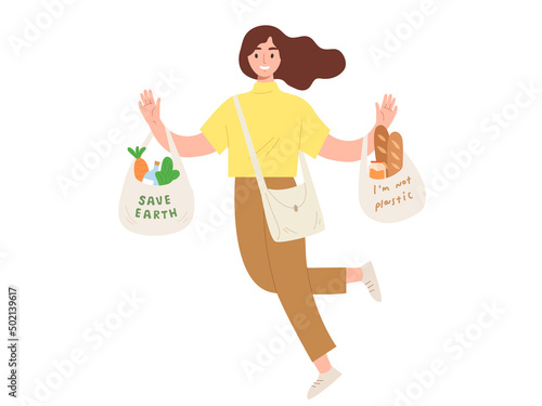 Young happy girl using fabric bag instead of plastic bag. Concept of Saving earth, eco friendly, supermarket shopping, zero waste, no plastic bag. Go green life. Flat vector illustration character.