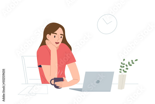 Young female sitting on desk looking at laptop with hand holding cup of coffee. Concept of working at the morning, office, VDO conference, freelance, quarantine. Flat vector illustration character.