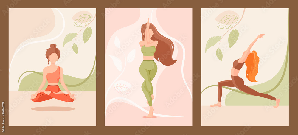 A set of girls doing yoga. Cartoon design. Vector illustration.