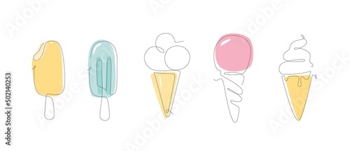 Ice cream one line. Simple linear set of ice cream. outline summer set. Collection of Summer and holiday symbols. type of ice cream.
