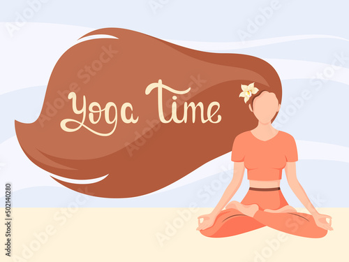 A girl in the lotus position. Yoga time. Cartoon design. Vector illustration.
