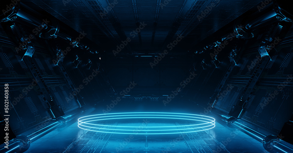 Blue spaceship interior with glowing neon lights podium on the floor. Futuristic corridor in space station with circles background. 3d rendering - obrazy, fototapety, plakaty 