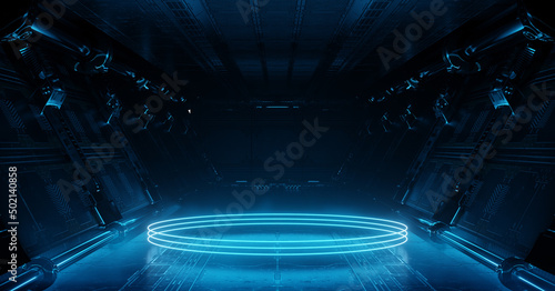 Blue spaceship interior with glowing neon lights podium on the floor Fototapeta